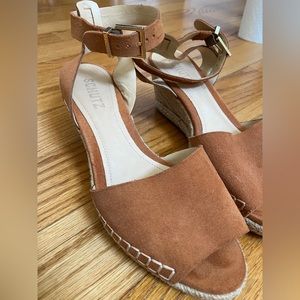 Schutz tan suede and woven wedge
